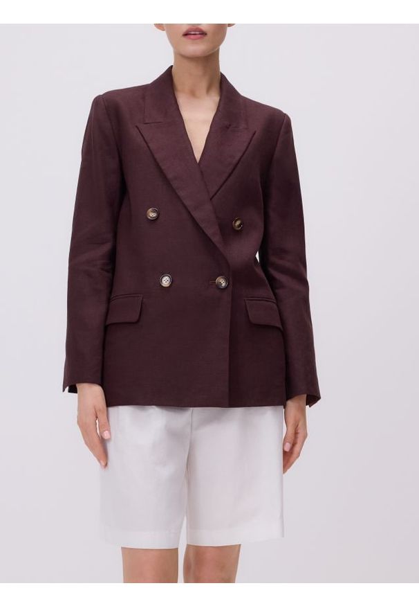 Reserved - Lniana marynarka - ciemnobrązowy. Kolor: brązowy. Materiał: len