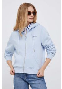 TOMMY HILFIGER - Tommy Hilfiger bluza damska kolor niebieski z kapturem gładka. Typ kołnierza: kaptur. Kolor: niebieski. Materiał: bawełna. Długość rękawa: długi rękaw. Długość: długie. Wzór: gładki