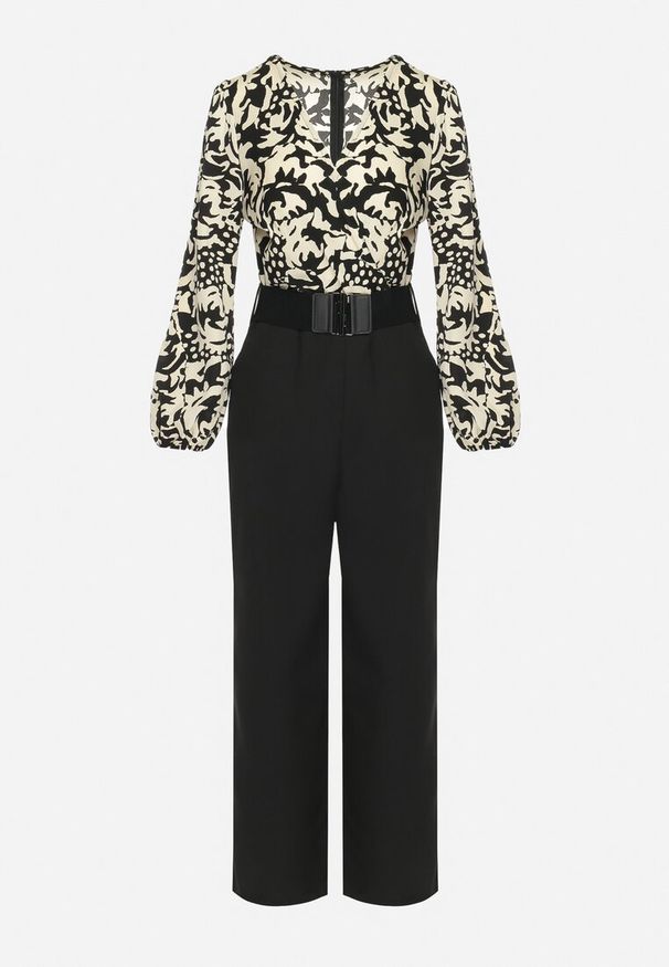 Born2be - Czarno-Beżowy Kombinezon z Paskiem Góra w Print i Trójkątny Dekolt Hamiora. Kolor: czarny. Wzór: nadruk