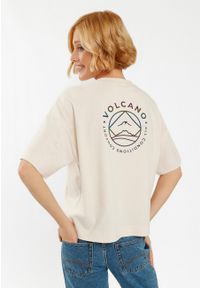 Volcano - Modna koszulka, Comfort Fit, T-TUZ. Okazja: na co dzień. Kolor: kremowy. Materiał: skóra, prążkowany, materiał, bawełna, jeans. Długość: krótkie. Wzór: nadruk. Styl: klasyczny, casual