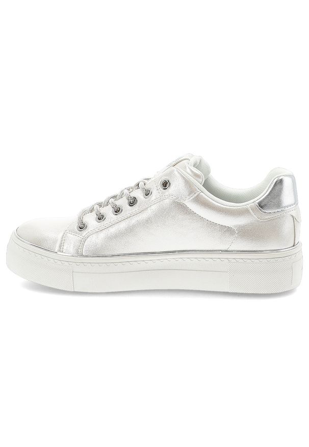 Srebrne Sneakersy Tamaris Modne Obuwie Damskie. Okazja: na co dzień. Zapięcie: sznurówki. Kolor: srebrny. Materiał: skóra. Szerokość cholewki: normalna. Styl: sportowy, klasyczny, casual