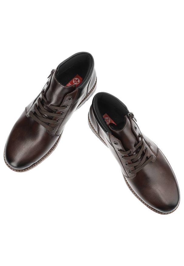 Brązowe Trzewiki Rieker Eleganckie Buty Męskie. Kolor: brązowy. Materiał: syntetyk, skóra, futro. Szerokość cholewki: normalna. Sezon: zima. Styl: elegancki