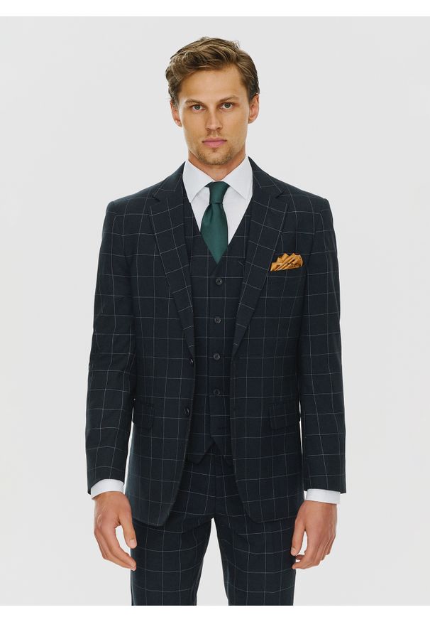 Pako Lorente - PAKO LORENTE – Granatowa kamizelka w kratę Windowpane. Kolor: niebieski. Materiał: poliester, wiskoza, elastan