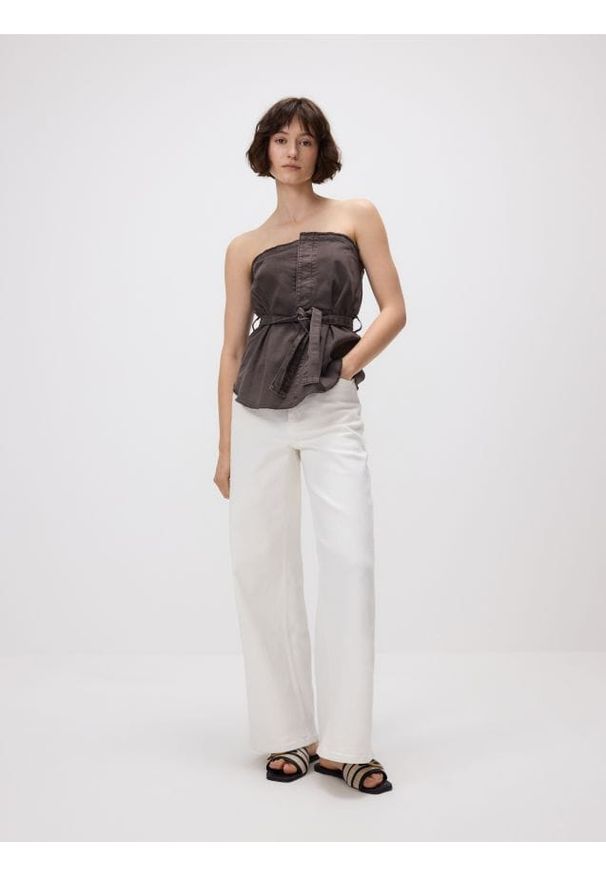 Reserved - Top z paskiem - dark grey jeans. Materiał: jeans