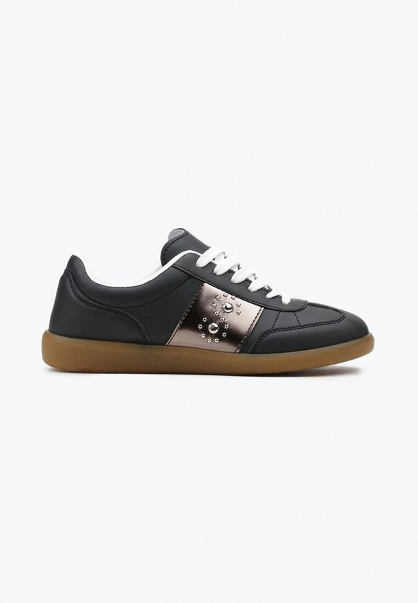 Renee - Czarne Sneakersy na Płaskiej Podeszwie z Wiązaniem i Ozdobną Wstawką Drukesti. Nosek buta: okrągły. Zapięcie: sznurówki. Kolor: czarny. Materiał: materiał. Obcas: na płaskiej podeszwie. Wysokość obcasa: niski
