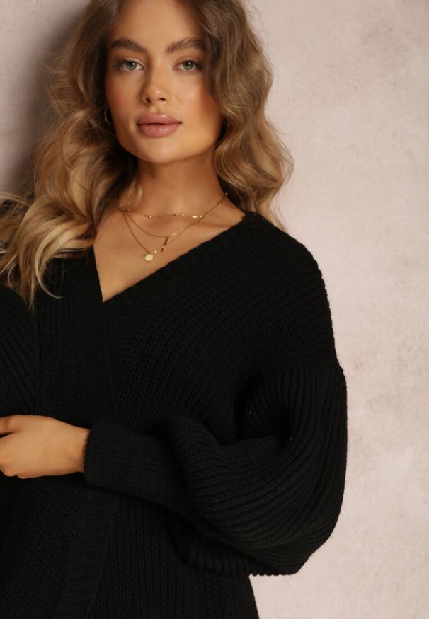 Renee - Czarny Kardigan Długi z Bufiastym Rękawem Mesho. Kolor: czarny. Materiał: jeans. Długość: długie. Styl: elegancki