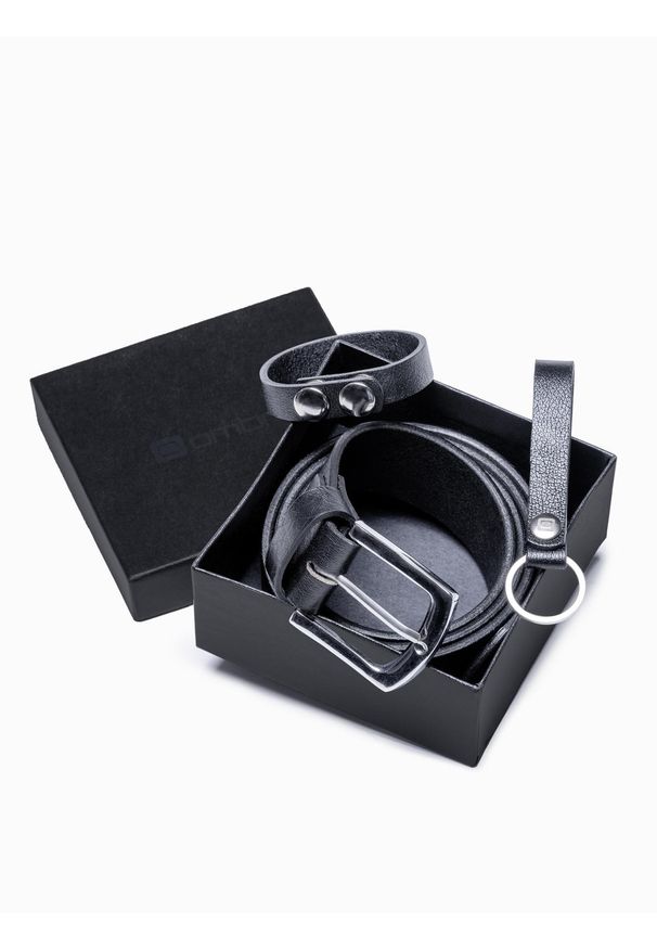 Ombre Clothing - Zestaw męskich akcesoriów skórzanych pasek breloczek bransoletka - czarny V1. Kolor: czarny. Materiał: skóra