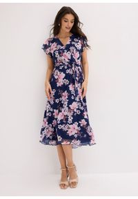 bonprix - Sukienka midi z siatkowego materiału z nadrukiem. Kolor: niebieski. Materiał: materiał. Wzór: nadruk. Długość: midi #2