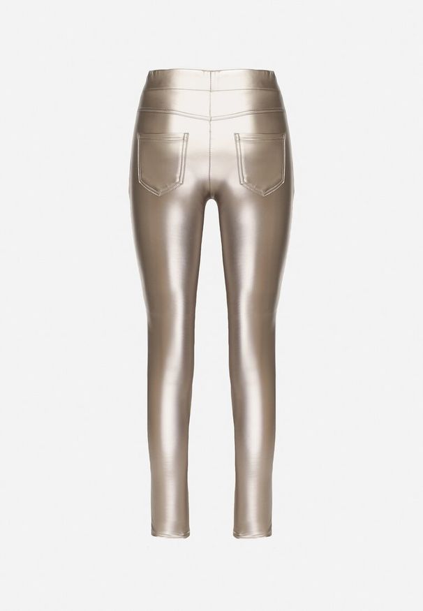 Born2be - Srebrne Ocieplane Spodnie z Imitacji Skóry o Dopasowanym Kroju z Wysokim Stanem Rivaki. Okazja: na co dzień. Stan: podwyższony. Kolor: srebrny. Materiał: skóra. Styl: elegancki, casual