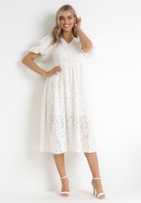 Born2be - Jasnobeżowa Rozkloszowana Sukienka z Wiskozy z Bufiastymi Rękawami Devisana. Kolor: beżowy. Materiał: wiskoza. Styl: klasyczny, elegancki #7