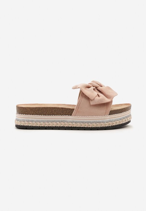 Born2be - Różowe Płaskie Klapki w Stylu Boho Ozdobione Kokardą Fieanna. Okazja: na co dzień. Kolor: różowy. Materiał: len. Wzór: aplikacja. Sezon: lato. Styl: boho