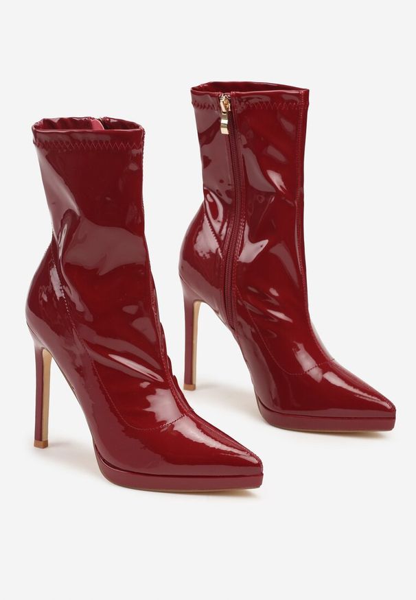 Renee - Bordowe Lakierowane Botki Eleganckie na Szpilce Merilie. Okazja: na co dzień. Kolor: czerwony. Materiał: lakier. Obcas: na szpilce. Styl: elegancki