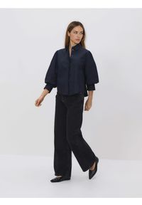 Reserved - Koszula z bufiastymi rękawami - granatowy. Kolor: niebieski. Materiał: tkanina, bawełna