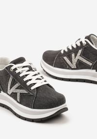 Renee - Czarne Sneakersy na Piankowej Platformie Ozdobione Cyrkoniami z Boku Epirvala. Okazja: na co dzień. Zapięcie: sznurówki. Kolor: czarny. Materiał: jeans. Wzór: aplikacja. Obcas: na platformie #2
