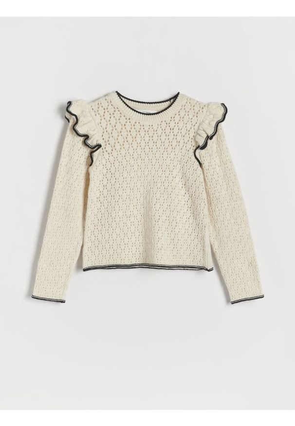 Reserved - Ażurowy sweter - złamana biel. Materiał: dzianina. Wzór: ażurowy