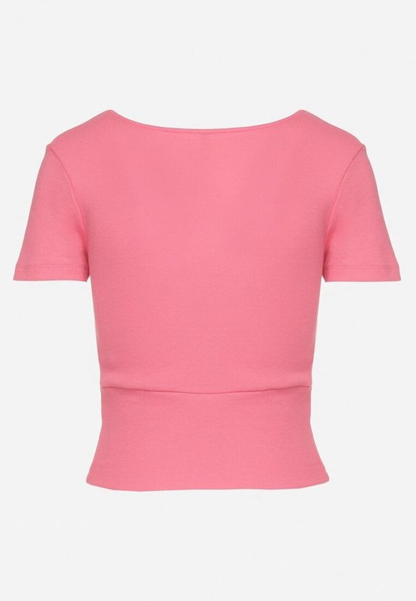 Born2be - Różowy Prążkowany T-shirt z Bawełny z Dekoltem w Serek Filunira. Okazja: na co dzień. Typ kołnierza: dekolt w serek. Kolor: różowy. Materiał: bawełna, prążkowany. Styl: casual, elegancki