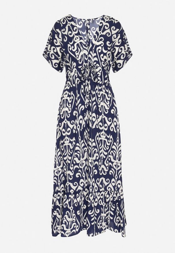 Born2be - Niebieska Sukienka z Wiskozy w Abstrakcyjny Wzór Faledira. Okazja: na co dzień. Typ kołnierza: dekolt w serek. Kolor: niebieski. Materiał: wiskoza. Długość rękawa: krótki rękaw. Typ sukienki: proste. Styl: casual, klasyczny