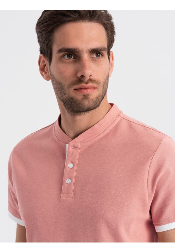 Ombre Clothing - Męska koszulka polo bez kołnierzyka - różowa V7 OM-TSCT-0156 - XXL. Typ kołnierza: bez kołnierzyka, polo. Kolor: różowy. Materiał: bawełna. Długość: długie