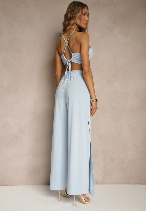 Renee - Niebieski Komplet z Wiskozą Wiązany Top i Spodnie o Szerokim Kroju z Rozcięciami Zilavira. Kolor: niebieski. Materiał: wiskoza
