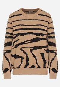 Born2be - Ciemnobeżowy Sweter o Prostym Kroju w Zebrę Unida. Okazja: na spotkanie biznesowe, do pracy, na co dzień. Kolor: beżowy. Materiał: jeans. Długość rękawa: długi rękaw. Długość: długie. Wzór: motyw zwierzęcy. Styl: elegancki, biznesowy, casual #4