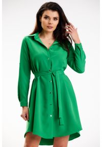 Awama - Koszulowa Sukienka z Podpinanym Rękawem - Zielona. Kolor: zielony. Materiał: elastan, poliester. Typ sukienki: koszulowe