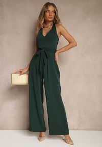 Renee - Ciemnozielony Kombinezon o Taliowanym Kroju z Dekoltem Halter i Wiązanym Paskiem Malisena. Okazja: na co dzień, na imprezę, na randkę. Kolor: zielony. Styl: elegancki, casual #4