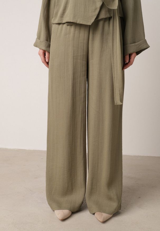 Born2be - Zielone Wiskozowe Spodnie z Szeroką Nogawką i Wiązaniem w Talii Terisanna. Okazja: na co dzień. Kolor: zielony. Materiał: wiskoza. Styl: casual, elegancki, klasyczny