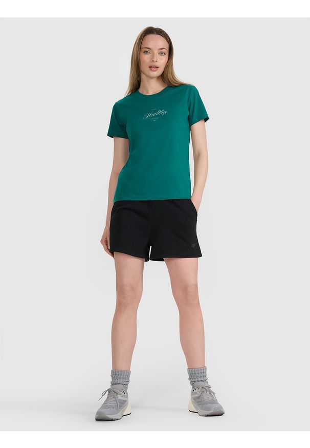 4f - 4F T-shirt regular z nadrukiem damski - turkusowy XL. Okazja: na co dzień. Kolor: turkusowy. Materiał: dzianina, jersey, materiał, bawełna. Długość rękawa: krótki rękaw. Długość: krótkie. Wzór: nadruk. Styl: sportowy, klasyczny, casual