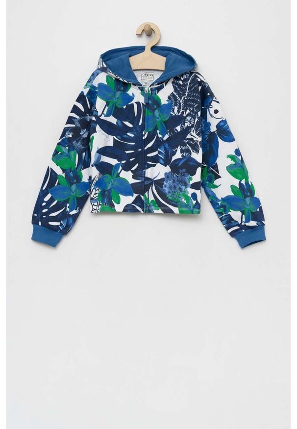 Guess bluza bawełniana dziecięca kolor niebieski z kapturem wzorzysta. Typ kołnierza: kaptur. Kolor: niebieski. Materiał: bawełna