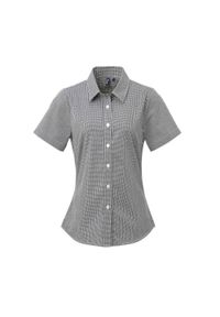 PREMIER - Damska Bawełniana Koszula Z Krótkim Rękawem W Kratkę Micro Gingham. Kolor: czarny, biały, wielokolorowy. Materiał: bawełna. Długość rękawa: krótki rękaw. Długość: krótkie. Wzór: kratka