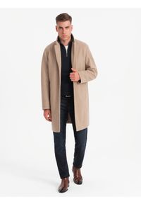 Ombre Clothing - Męski płaszcz jednorzędowy bez podszewki – beżowy V7 - Rozmiar: XXL. Kolor: beżowy. Materiał: poliester, materiał. Wzór: melanż. Styl: elegancki