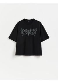 Reserved - T-shirt boxy z nadrukiem - ciemnoszary. Kolor: szary. Materiał: bawełna, dzianina. Wzór: nadruk #1