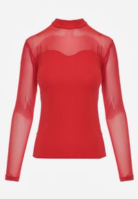 Renee - Czerwona Bluzka z Siateczkowym Dekoltem i Rękawami Lunesa. Okazja: na imprezę. Kolor: czerwony. Długość rękawa: na ramiączkach #7