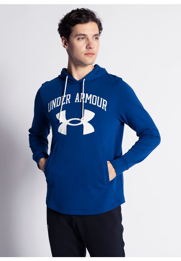 Bluza męska niebieska Under Armour Rival Terry Big Logo HD. Okazja: na spacer, na co dzień. Kolor: niebieski. Materiał: poliester, bawełna, materiał. Styl: sportowy, casual