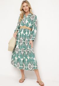 Born2be - Zielono-Biała Sukienka z Wiskozy z Podpinanymi Rękawami Zapinana na Guziki z Falbanką Kiosara. Typ kołnierza: dekolt w serek. Kolor: zielony. Materiał: wiskoza. Sezon: wiosna, lato. Styl: klasyczny, elegancki #1