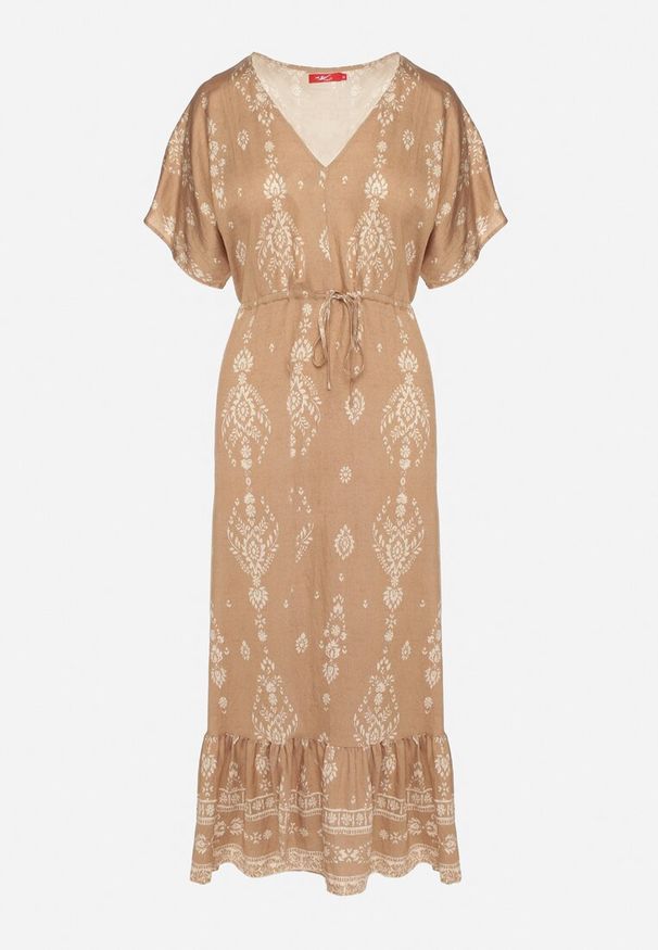 Born2be - Ciemnobeżowa Sukienka Rozkloszowana z Wiskozą w Boho Wzór z Falbaną Turaline. Typ kołnierza: kołnierz z falbankami. Kolor: beżowy. Materiał: wiskoza. Sezon: lato. Typ sukienki: rozkloszowane. Styl: boho