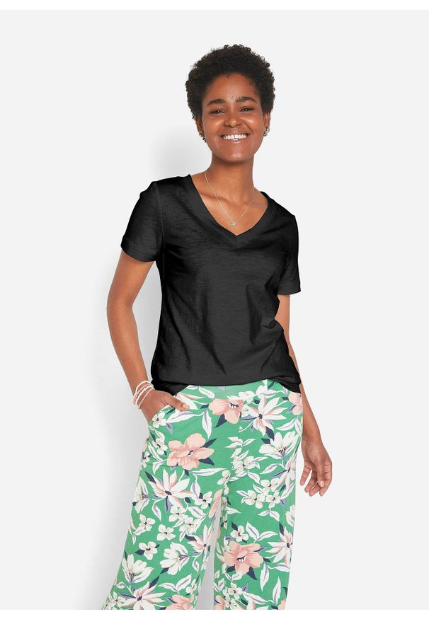 bonprix - T-shirt z czystej bawełny. Typ kołnierza: dekolt w serek. Kolor: czarny. Materiał: bawełna. Długość rękawa: krótki rękaw. Długość: krótkie