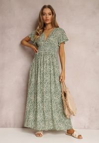 Renee - Zielona Sukienka Helamene. Kolor: zielony. Materiał: wiskoza. Wzór: kwiaty, aplikacja. Styl: boho, wakacyjny, elegancki. Długość: maxi