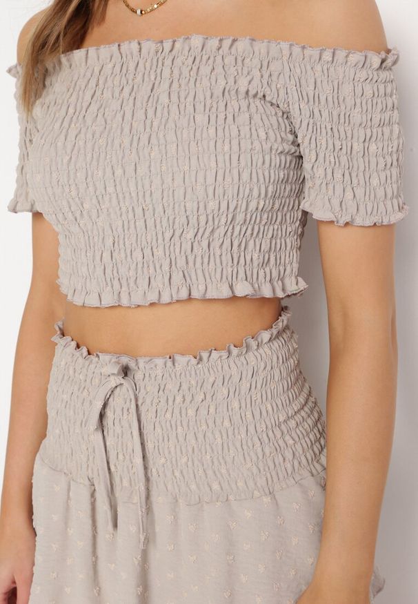 Born2be - Beżowy Komplet Top w Stylu Hiszpanki i Spódnico-Szorty z Gumką Quillatta. Kolor: beżowy. Wzór: aplikacja