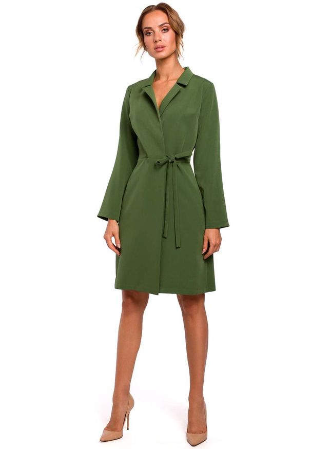 MOE - Zielona Sukienka Żakietowa z Rozszerzanymi Rękawami. Kolor: zielony. Materiał: elastan, poliester