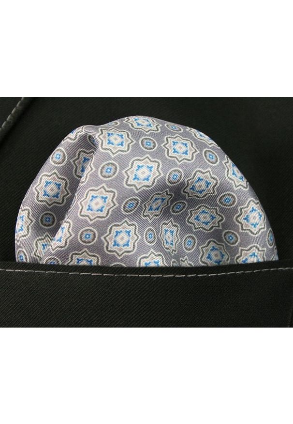 Szaro-Czarna Elegancka Męska Poszetka -EM Men's Accessories- Chusteczka, Wzór Geometryczny, Jed. Kolor: czarny, szary, wielokolorowy. Materiał: jedwab. Wzór: geometria