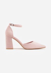 Renee - Różowe Czółenka z Imitacji Zamszu na Słupkowym Obcasie ze Szpiczastym Noskiem Hadina. Okazja: na randkę. Nosek buta: szpiczasty. Zapięcie: pasek. Kolor: różowy. Materiał: zamsz. Obcas: na obcasie. Wysokość obcasa: średni #4