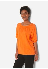 bonprix - Shirt bawełniany z elastycznym dołem, krótki rękaw. Kolor: pomarańczowy. Materiał: bawełna. Długość rękawa: krótki rękaw. Długość: krótkie