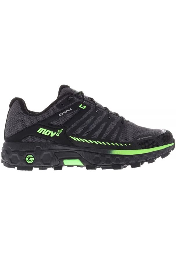 Buty do biegania Inov-8 Roclite Ultra G 320 M 001079-BKGR-M-01 czarne. Zapięcie: pasek. Kolor: czarny. Materiał: materiał, guma. Szerokość cholewki: normalna. Technologia: Gore-Tex. Wzór: paski