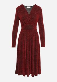 Born2be - Bordowa Taliowana Sukienka z Wiskozą o Rozkloszowanym Kroju Zdobiona Metaliczną Nicią Mesinae. Okazja: na spotkanie biznesowe, do pracy. Typ kołnierza: dekolt w kształcie V. Kolor: czerwony. Materiał: wiskoza. Długość rękawa: długi rękaw. Wzór: aplikacja. Typ sukienki: rozkloszowane. Styl: biznesowy, elegancki, glamour, wizytowy #3