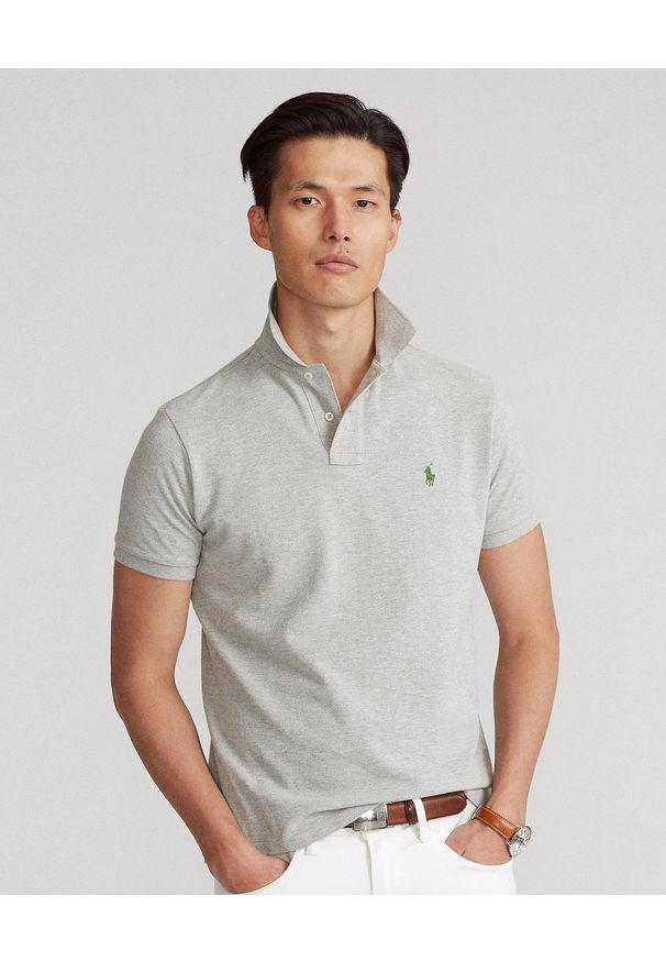 Ralph Lauren - RALPH LAUREN - Szara koszulka polo Custom Slim Fit Mesh. Typ kołnierza: polo. Kolor: szary. Materiał: mesh. Długość: długie. Wzór: haft, ze splotem