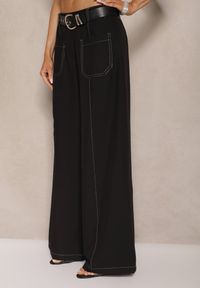 Renee - Czarne Szerokie Spodnie High Waist z Wiskozą z Ozdobnymi Przeszyciami Linadia. Okazja: na co dzień. Stan: podwyższony. Kolor: czarny. Materiał: wiskoza. Wzór: aplikacja. Styl: elegancki, casual