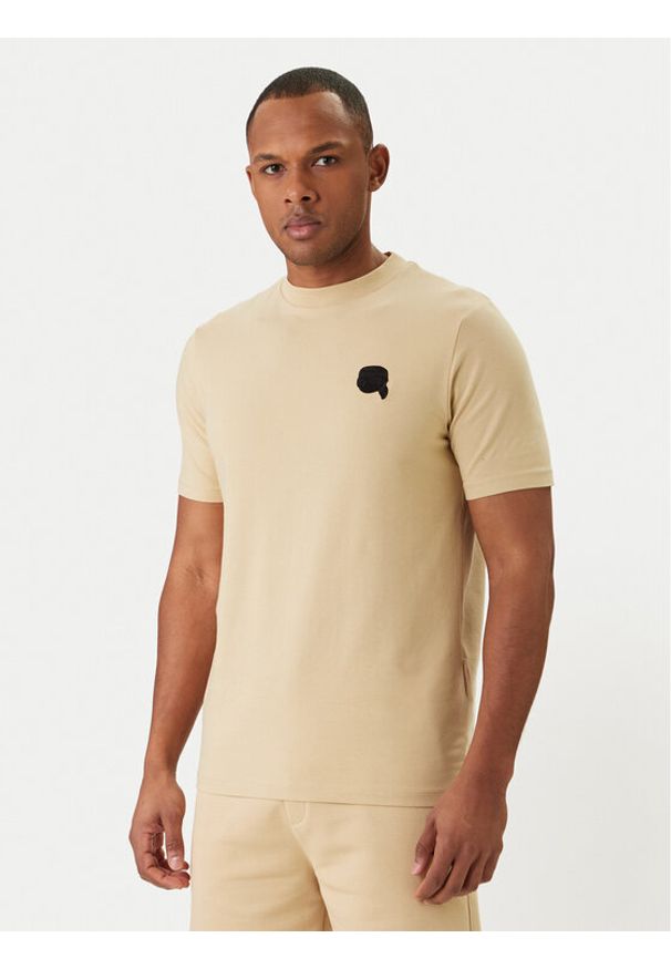 Karl Lagerfeld - KARL LAGERFELD T-Shirt 755049 562235 Beżowy Regular Fit. Typ kołnierza: dekolt w karo. Kolor: beżowy. Materiał: bawełna