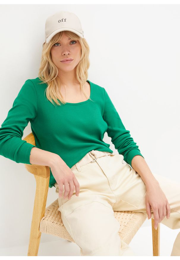 bonprix - Shirt z długim rękawem, w prążek, z bawełny organicznej. Kolor: zielony. Materiał: bawełna. Długość rękawa: długi rękaw. Długość: długie. Wzór: prążki