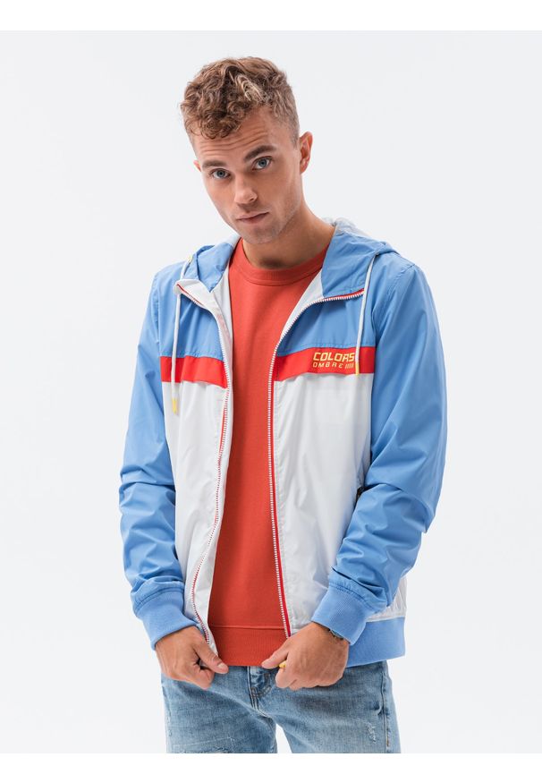 Biała kurtka Ombre Clothing na wiosnę, z kapturem, z nadrukiem